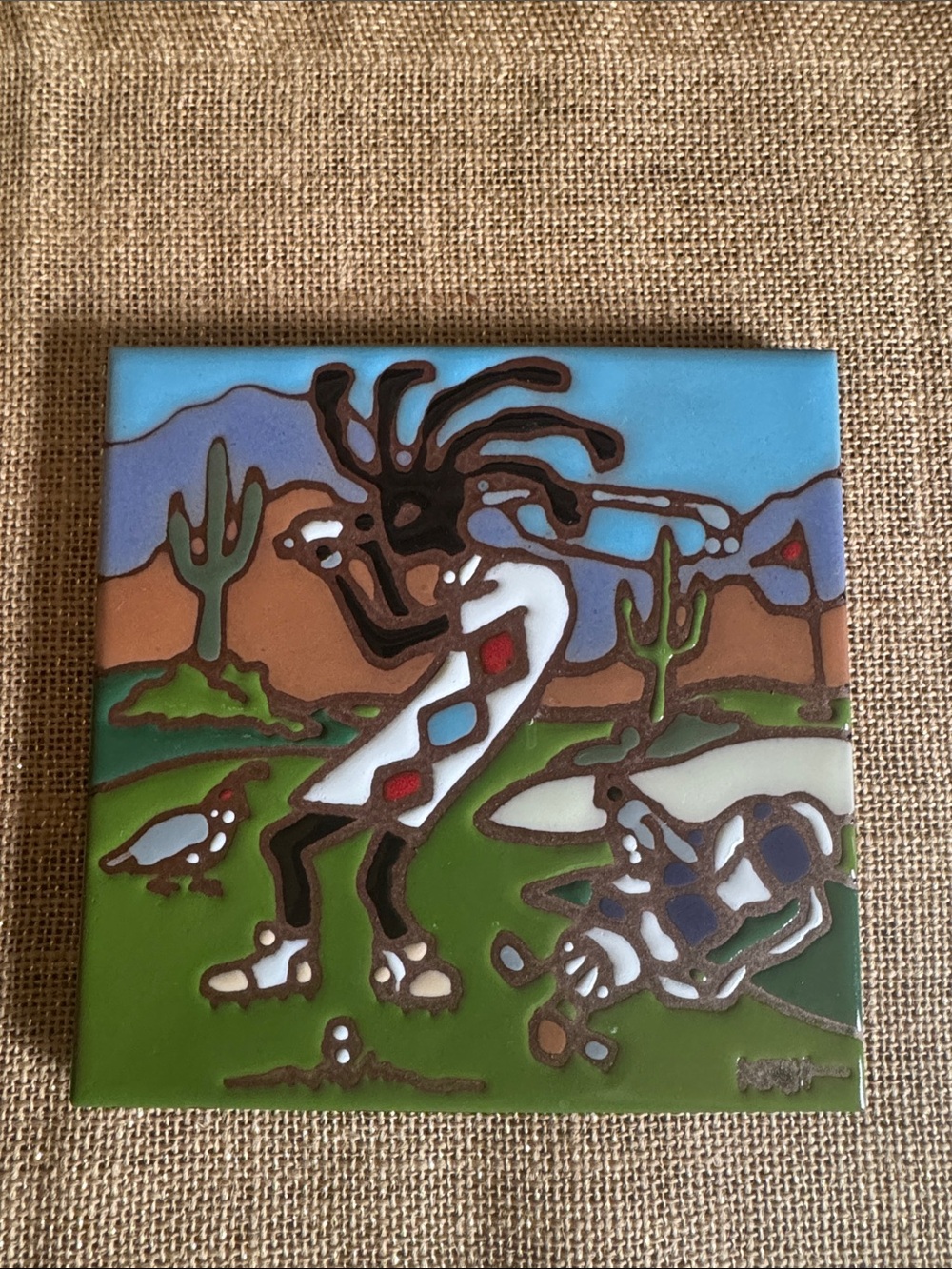 Vintage Earthtones Kokopelli Golfer Tile Trivet 1999 Cactus Desert Quail USA